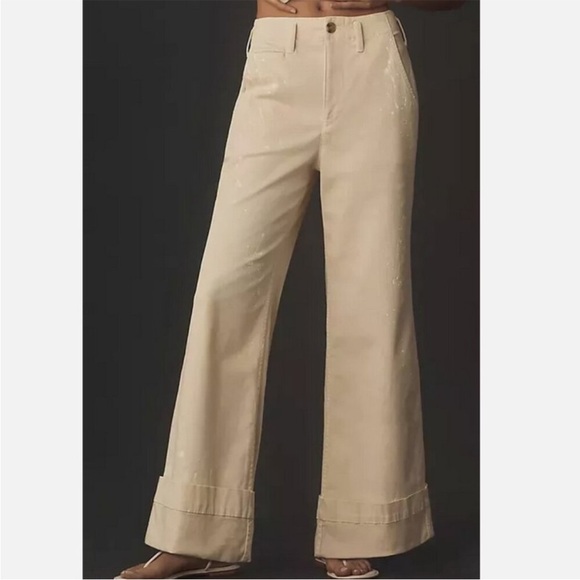 Anthropologie Pilcro 26 Slouchy Full-Length Paint Splatter Chino Pants Creme - Picture 2 of 10